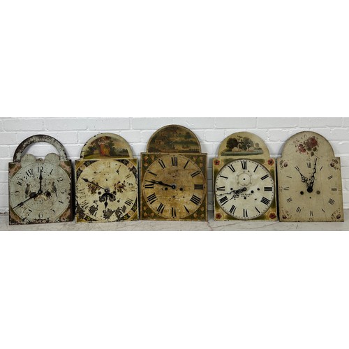 84 - A COLLECTION OF FIVE GRANDFATHER CLOCK FACES WITH NEW BATTERY MOVEMENTS TO VERSO (5), 

Largest 50cm... 