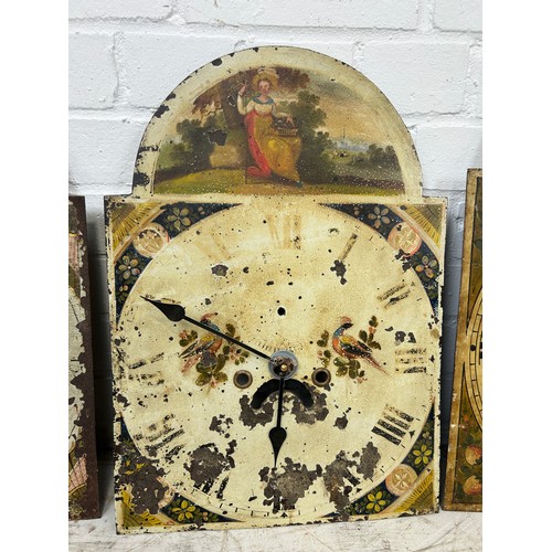 84 - A COLLECTION OF FIVE GRANDFATHER CLOCK FACES WITH NEW BATTERY MOVEMENTS TO VERSO (5), 

Largest 50cm... 