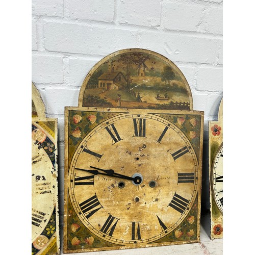 84 - A COLLECTION OF FIVE GRANDFATHER CLOCK FACES WITH NEW BATTERY MOVEMENTS TO VERSO (5), 

Largest 50cm... 