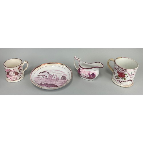 139 - A GROUP OF FOUR VICTORIAN LUSTRE WARE ITEMS, 

To include a plate (20cm D), two mugs and a sauce boa... 