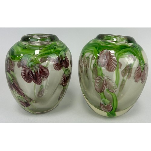 140 - A PAIR OF TWO GLASS VASES DECORATED WITH FLOWERS, 

13cm H each.