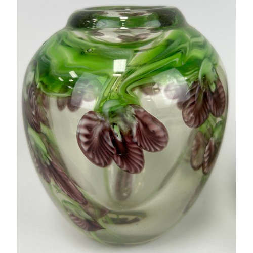 140 - A PAIR OF TWO GLASS VASES DECORATED WITH FLOWERS, 

13cm H each.
