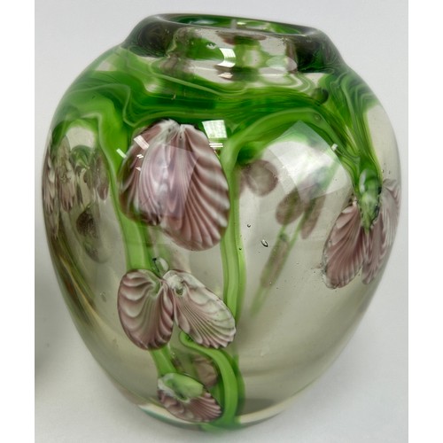 140 - A PAIR OF TWO GLASS VASES DECORATED WITH FLOWERS, 

13cm H each.