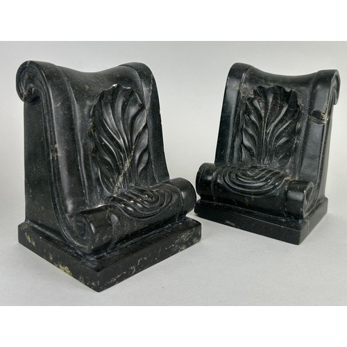 141 - A PAIR OF SERPENTINE MARBLE BOOKENDS WITH ACANTHUS LEAF SCROLLS,

14cm x 11cm x 10cm