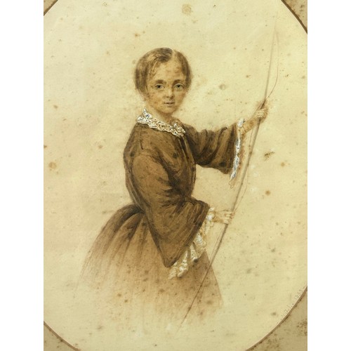 33A - A MID 19TH CENTURY WATERCOLOUR PAINTING AND PENCIL DRAWING OF A GIRL HOLDING A BOW AND ARROW, 

Sign... 