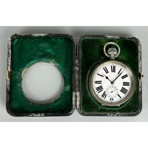 146 - A LARGE POCKET WATCH IN SILVER MOUNTED LEATHER CASE