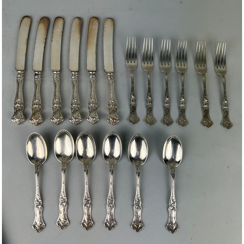 153 - A SILVER FLATWARE SET COMPRISING SIX KNIVES, SIX FORKS AND SIX SPOONS WITH SCROLLING LEAF DESIGN, 

... 