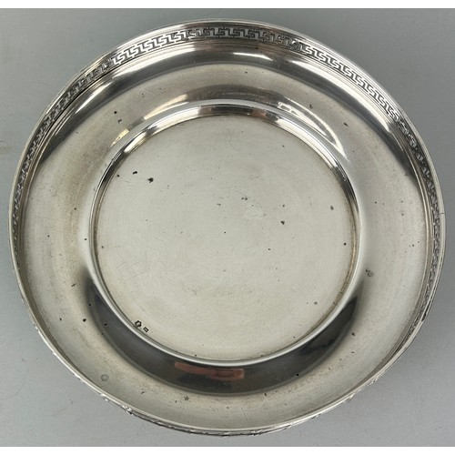 156 - A SILVER COASTER WITH PIERCED GREEK KEY BORDER, 

Weight 217gms