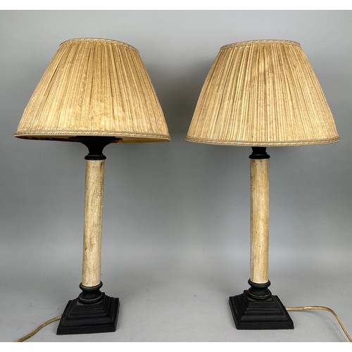 108 - A PAIR OF PAINTED WOODEN TABLE LAMPS ON BRONZE BASES WITH SHADES,

Lamps: 40cm H

With shades 57cm H