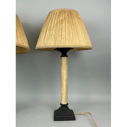 108 - A PAIR OF PAINTED WOODEN TABLE LAMPS ON BRONZE BASES WITH SHADES,

Lamps: 40cm H

With shades 57cm H