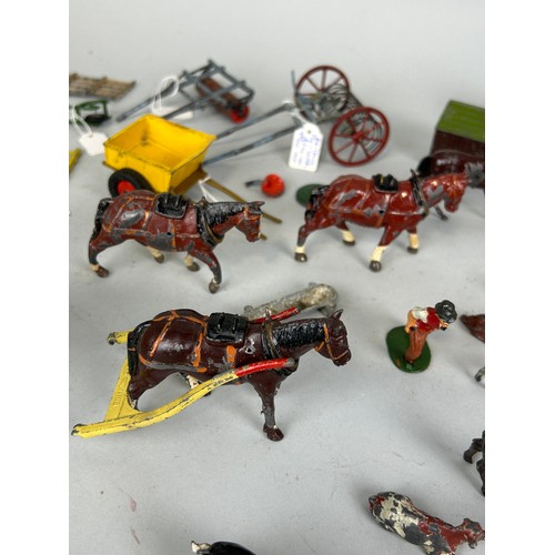 63 - A COLLECTION OF ANTIQUE DIE CAST FARMERS, FARM ANIMALS AND FARM EQUIPMENT (QTY)