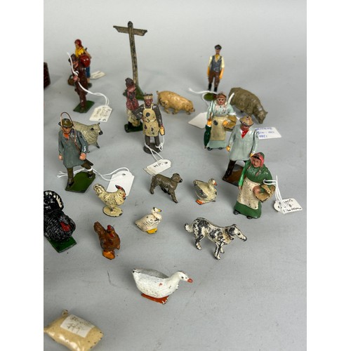 63 - A COLLECTION OF ANTIQUE DIE CAST FARMERS, FARM ANIMALS AND FARM EQUIPMENT (QTY)