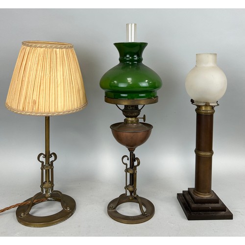 159 - A NEAR PAIR OF ARTS AND CRAFTS LAMPS (ONE OIL LAMP), ALONG WITH ANOTHER SIMILAR COLUMN OIL LAMP (3),... 