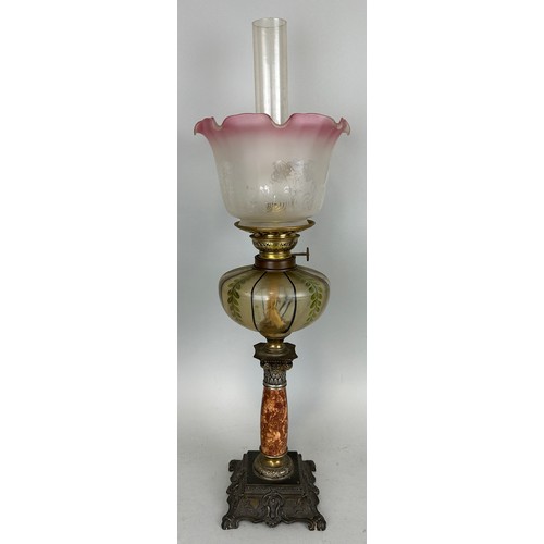 160 - AN UNUSUAL OIL LAMP WITH CORINTHIUM MARBLE COLUMN,

67cm H