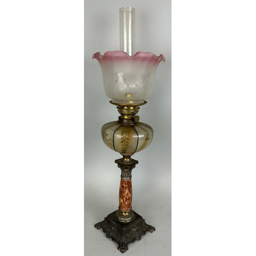 160 - AN UNUSUAL OIL LAMP WITH CORINTHIUM MARBLE COLUMN,

67cm H