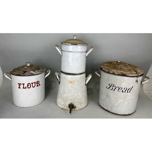 60 - KITCHENALIA: AN ENAMELLED 'BREAD' BIN AND 'FLOUR' BIN ALONG WITH A WATER DISPENSER, 

Tallest 53cm