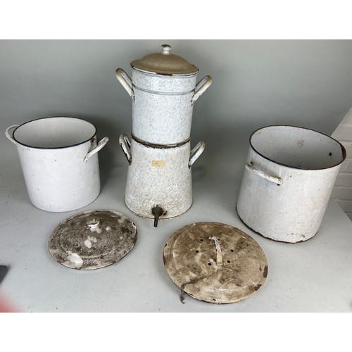 60 - KITCHENALIA: AN ENAMELLED 'BREAD' BIN AND 'FLOUR' BIN ALONG WITH A WATER DISPENSER, 

Tallest 53cm