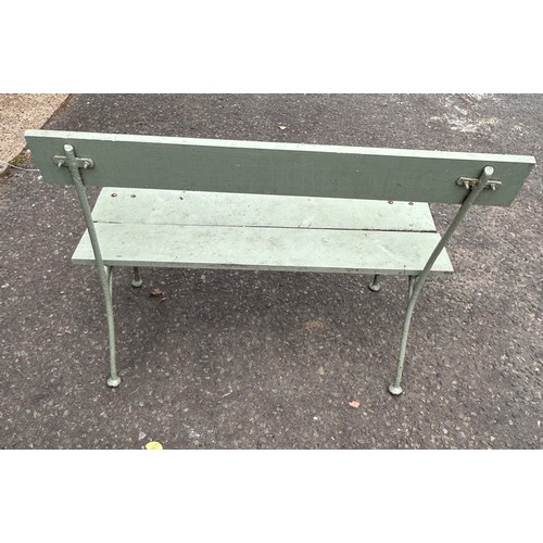 128 - A GREEN PAINTED IRON GARDEN BENCH WITH WOODEN SEAT AND BACK RAIL, 

105cm x 83cm x 60cm