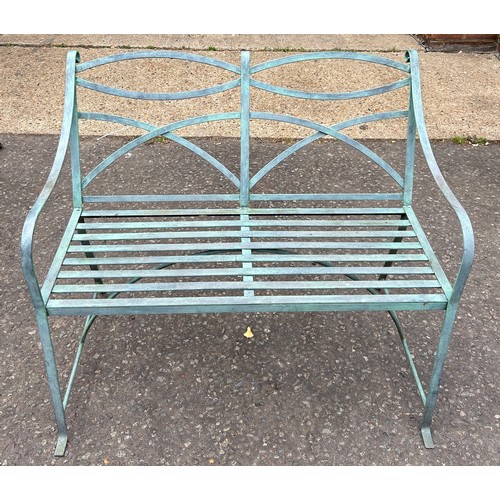 130 - A BRONZED METAL GARDEN BENCH WITH SCROLLING ARMS, 

102cm x 87cm x 64cm