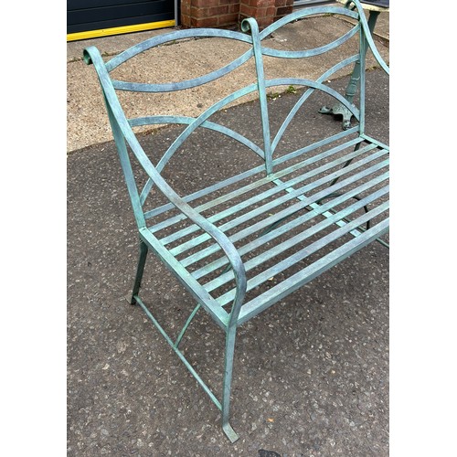 130 - A BRONZED METAL GARDEN BENCH WITH SCROLLING ARMS, 

102cm x 87cm x 64cm