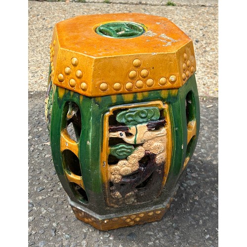 131 - A CHINESE SANCAI GLAZED BARREL STOOL, 

45cm x 30cm x 30cm