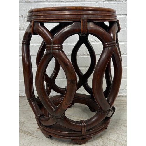 118 - A CHINESE ROSEWOOD ROPE TWIST BARREL STOOL,

48cm x 33cm