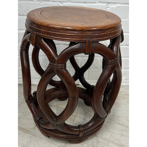 118 - A CHINESE ROSEWOOD ROPE TWIST BARREL STOOL,

48cm x 33cm