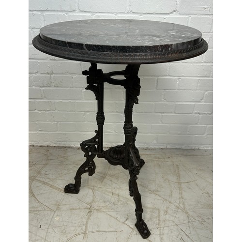 122 - A VICTORIAN CAST IRON AND MARBLE TOP PEDESTASL TABLE BY C HUFTON BIRMINGHAM, 

75cm x 55cm
