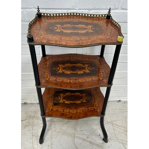 115 - A FRENCH 19TH CENTURY THREE TIERED OCCASIONAL TABLE WITH MARQUETRY INLAY,

75cm x 40cm x 29cm