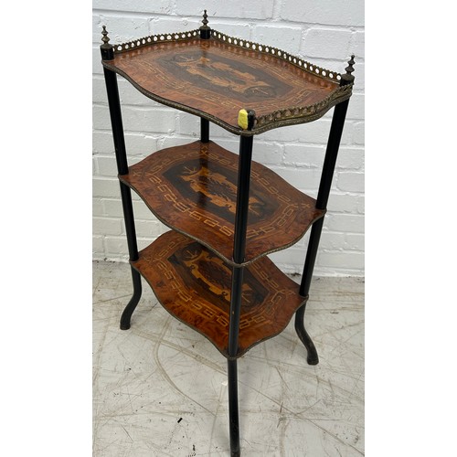 115 - A FRENCH 19TH CENTURY THREE TIERED OCCASIONAL TABLE WITH MARQUETRY INLAY,

75cm x 40cm x 29cm
