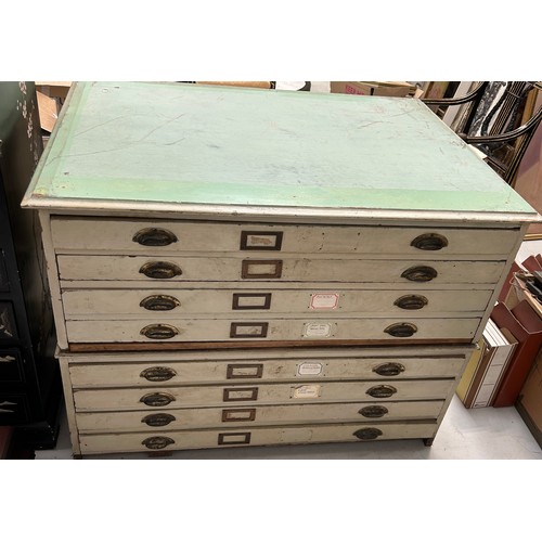 67 - A LARGE SECTIONAL GREEN PAINTED ARCHITECTS / PLAN CHEST OF DRAWERS, 

119cm x 89cm x 86cm