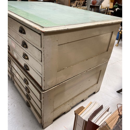 67 - A LARGE SECTIONAL GREEN PAINTED ARCHITECTS / PLAN CHEST OF DRAWERS, 

119cm x 89cm x 86cm