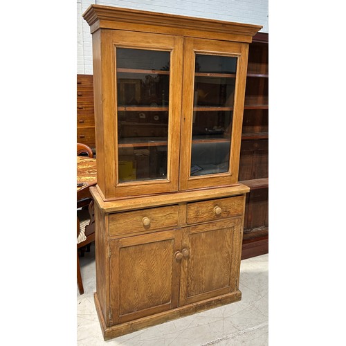 112 - A PINE SECTIONAL KITCHEN DRESSER WITH GLASS SWING DOORS AND SHELVES, 

200cm x 106cm x 40cm
