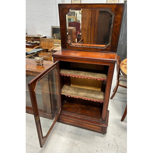 124 - A 19TH CENTURY MAHOGANY BOOKCASE WITH GLASS DOOR AND SHELVES, MIRROR TOP, 

170cm x 78cm x 32cm