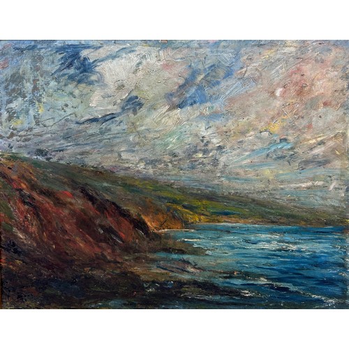 161 - AN OIL PAINTING ON CANVAS DEPICTING A COASTAL SCENE WITH CLIFFS, SEA AND SUNLIGHT BREAKING THROUGH T... 