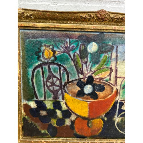 162 - MODERNIST 20TH CENTURY SCHOOL STILL LIFE PAINTING DEPICTING VASES WITH FLOWERS ON A TABLE WITH A CHA... 
