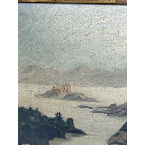 164 - AN OIL PAINTING ON CANVAS DEPICTING DEPICTING FIGURES ON A HILLSIDE OVERLOOKING AN ESTUARY WITH MOUN... 