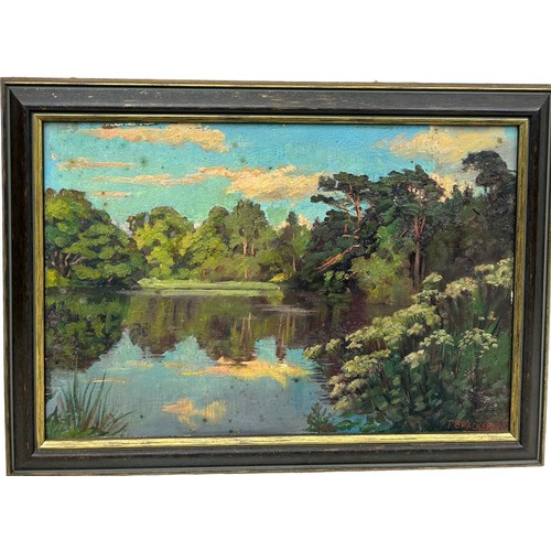 171 - THOMAS BOND WALKER (IRISH 1861-1933): AN OIL PAINTING ON CANVAS DEPICTING A LAKE WITH TREES, 

44cm ... 