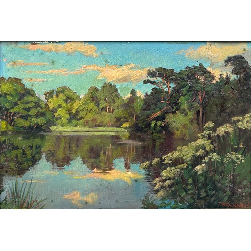 171 - THOMAS BOND WALKER (IRISH 1861-1933): AN OIL PAINTING ON CANVAS DEPICTING A LAKE WITH TREES, 

44cm ... 