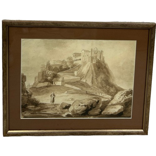 173 - A PENCIL AND WASH DRAWING ON PAPER DEPICTING A PRIEST WALKING IN A ROCKY LANDSCAPE WITH A CASTLE ON ... 
