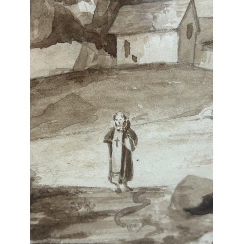 173 - A PENCIL AND WASH DRAWING ON PAPER DEPICTING A PRIEST WALKING IN A ROCKY LANDSCAPE WITH A CASTLE ON ... 