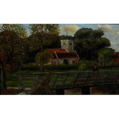 167 - AN OIL PAINTING ON CANVAS DEPICTING A FIGURE STANDING ON A BRIDGE WITH SPETISBURY CHURCH IN THE BACK... 