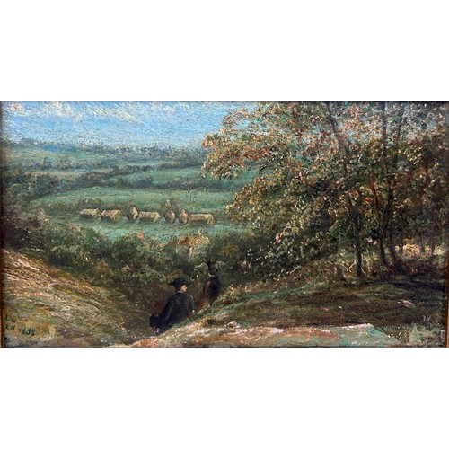 169 - AN OIL ON CANVAS PAINTING DEPICTING A LANDSCAPE SCENE WITH FIGURES NEAR CROYDON, 

Inscribed to vers... 
