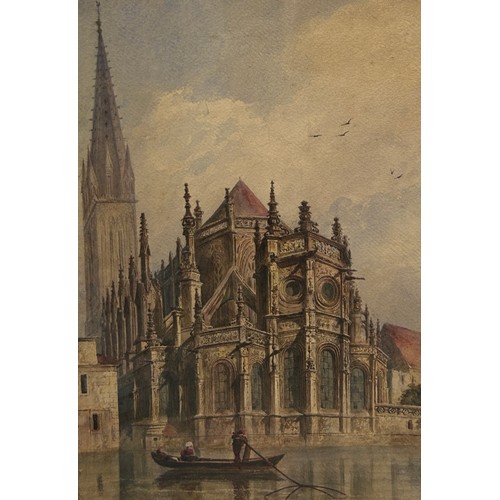 178 - A WATERCOLOUR PAINTING ON PAPER DEPICTING A CAPRICCIO VIEW OF VENICE WITH A FIGURE ON A GONDOLA,

46... 