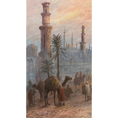 163 - A TOPOGRAPHICAL WATERCOLOUR PAINTING ON PAPER DEPICTING CAMELS AND ARABIC RIDERS WITH PALM TREES AND... 