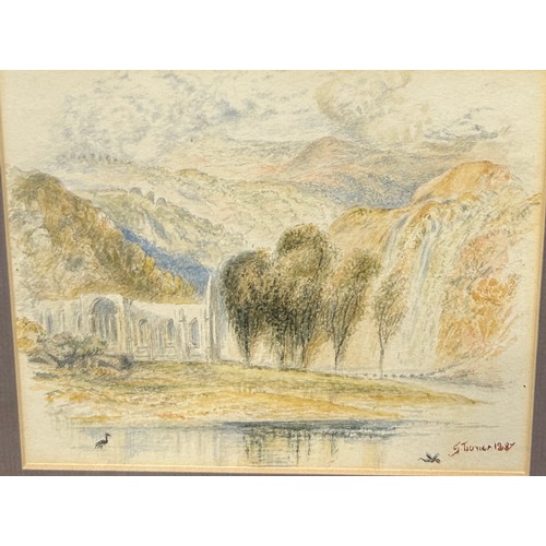 179 - A VICTORIAN WATERCOLOUR PAINTING ON PAPER DEPICTING A RUINED MONASTERY WITH TREES AND A LAKE, 

16cm... 