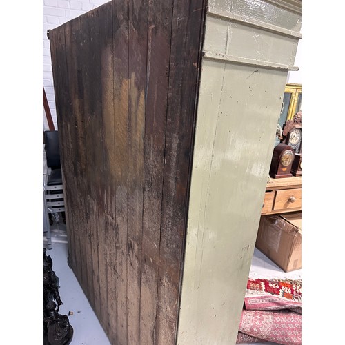 83 - A LARGE RUSTIC FRENCH GREEN PAINTED PINE CUPBOARD WITH SHELVES,

187cm x 164cm x 38cm