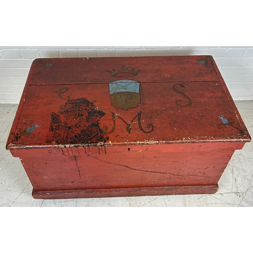 682 - A FOLK ART RED PAINTED PINE TRUNK BELONGING TO THE FAMED MUNTHE FAMILY, FROM SOUTHSIDE HOUSE, WIMBLE... 