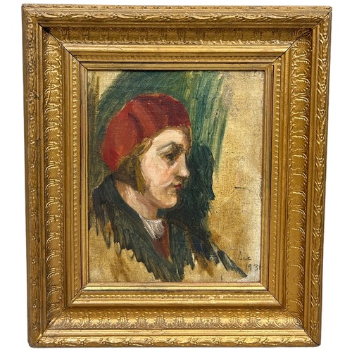 22 - AN OIL PAINTING ON CANVAS DEPICTING A GIRL WEARING A RED HAT, 

Signed 'AEC'? and dated 1930's. Poss... 