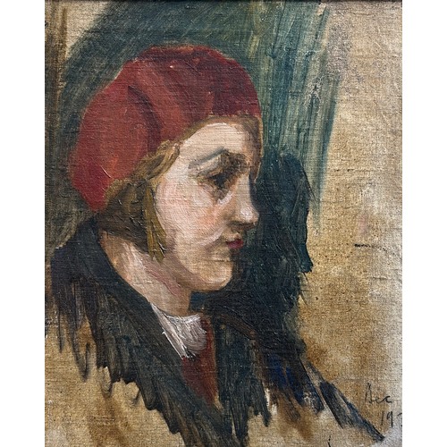 22 - AN OIL PAINTING ON CANVAS DEPICTING A GIRL WEARING A RED HAT, 

Signed 'AEC'? and dated 1930's. Poss... 